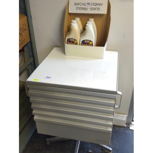 182 - Planmeca OY 6 drawer metal dentists unit, raised on wheeled pedestal base. W37cm D46cm H75cm