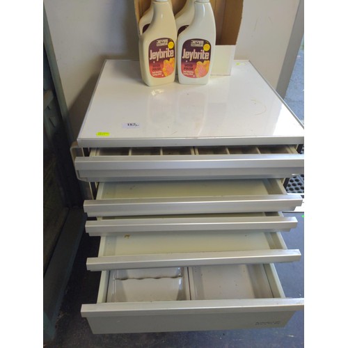 182 - Planmeca OY 6 drawer metal dentists unit, raised on wheeled pedestal base. W37cm D46cm H75cm