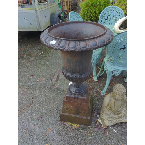 330 - Pair of large classical cast iron fluted urns with cast base.  Height 90 cm Dia 49 cm to top