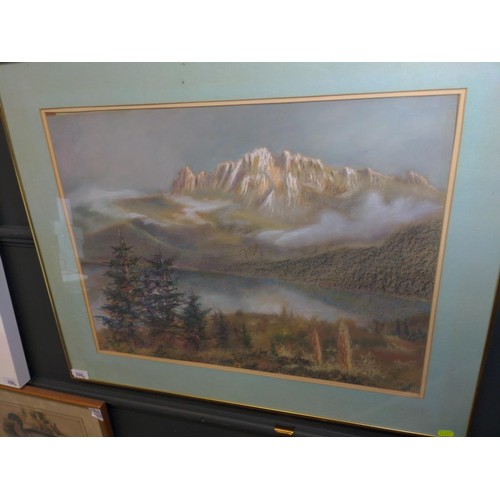 399 - Ligali, chalk pastel drawing of a mountain scene, signed lower right, mounted and framed 80 x 65cm