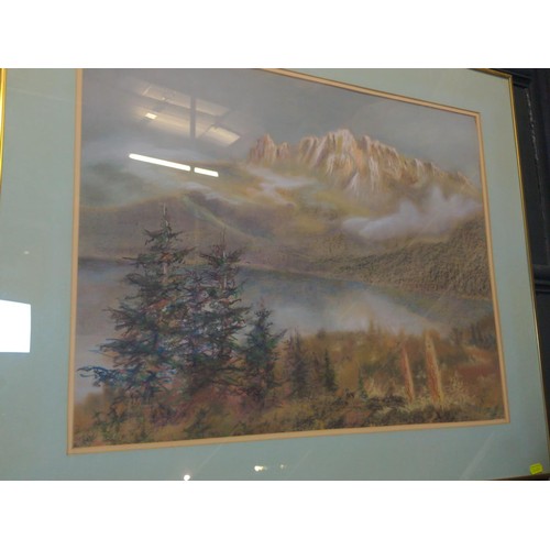 399 - Ligali, chalk pastel drawing of a mountain scene, signed lower right, mounted and framed 80 x 65cm