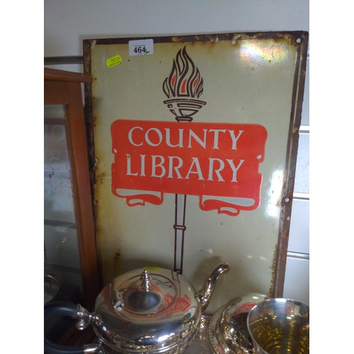 464 - Enameled sign depicting County Library with flaming torch in background. W33 H 45.5 cm