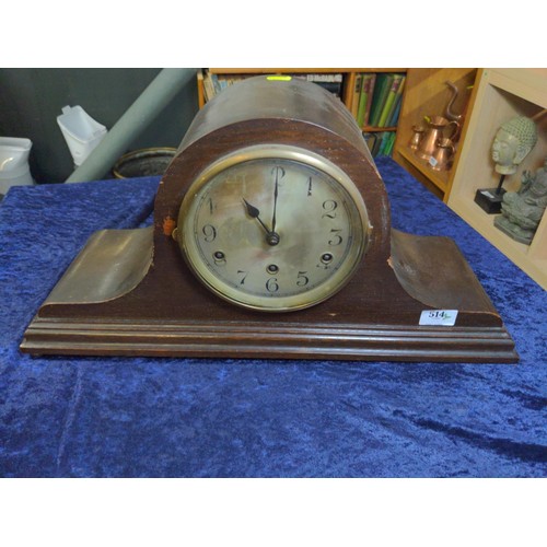 514 - Large Wooden Admirals hat mantle clock with pendulum and key. L54 H24 cm