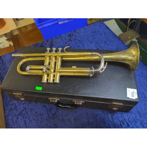 605 - John Grey and Sons Kansas brass trumpet and hard case. L56 cm