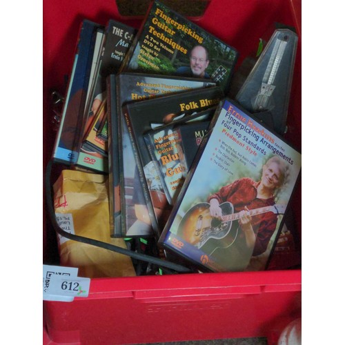 612 - Box full of guitar parts, accessories, strings, machine heads, picks, music stands, tuition dvds, et... 