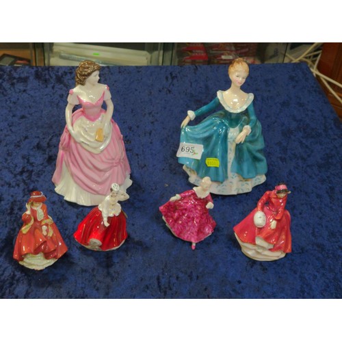 695 - Six Royal Doulton period dressed ladies inc, Jnine, Lynne, Gail, Kirsty etc.. tallest H21 cm