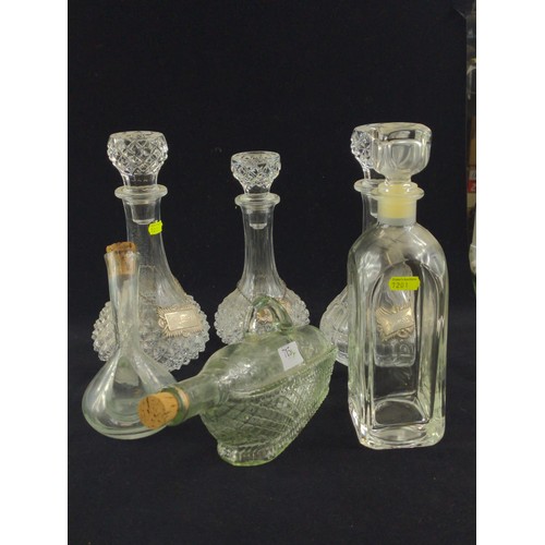 715 - Six glass decanters, plus labels, Whisky, Port (silver), Sherry