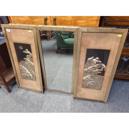 435 - Triptych Japanese style wave artworks with a framed bevelled mirror. ( can be separated for hanging ... 