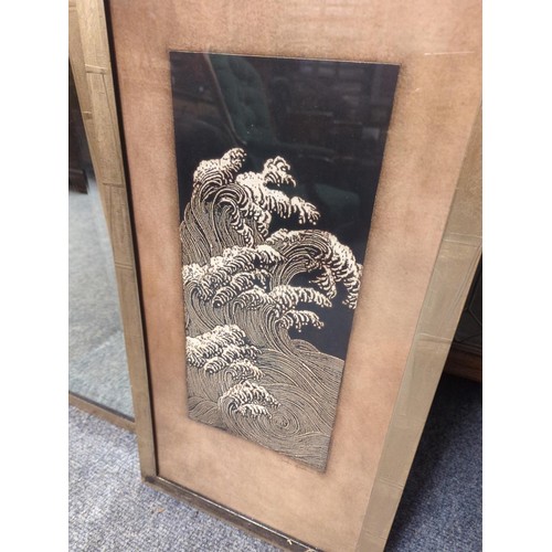 435 - Triptych Japanese style wave artworks with a framed bevelled mirror. ( can be separated for hanging ... 