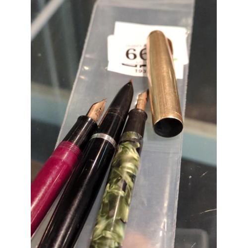 664 - Three fountain pens, including a Conway Stewart 388 green marble fountain pen with 14ct gold nib and... 