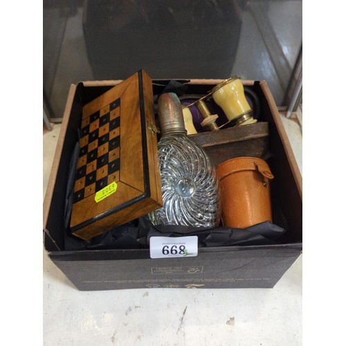 668 - Box of collectable items inc, mini chess set and board, opera glasses, glass flask/bottle and cases ... 