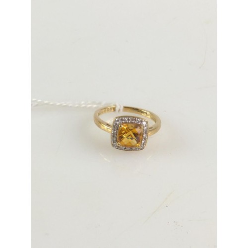 630 - 9ct gold ring set with mixed cushion cut citrine, 6.5m x 6.5mm surrounded by diamonds. Size N 1/2-O.... 