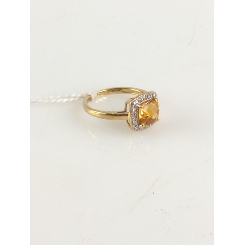 630 - 9ct gold ring set with mixed cushion cut citrine, 6.5m x 6.5mm surrounded by diamonds. Size N 1/2-O.... 