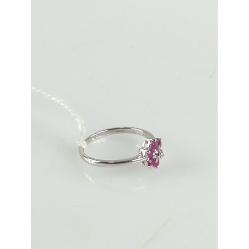 635 - Ruby and diamond flower head ring mounted on 9ct white gold. Size Q 1/2, gross weight 2.20g.