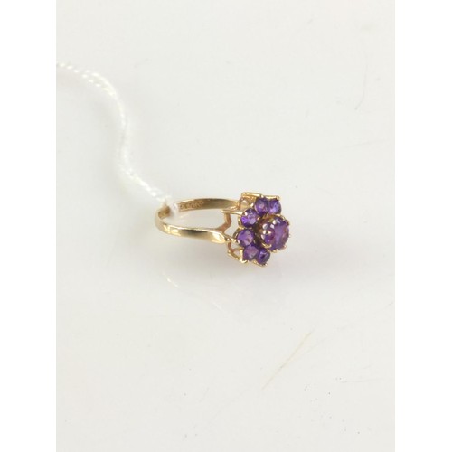 638 - 9ct gold, amethyst cluster ring, size L  gross weight 2.30g