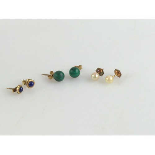 647 - Three pairs of 9ct gold stud earrings, including lapis lazuli and pearl, gross weight 4.5 grams