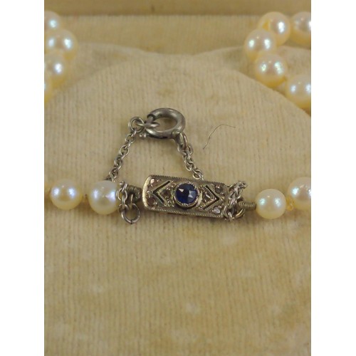 652 - String of graduated cultured pearls with a 9ct white gold clasp set with sapphire and diamond accent... 