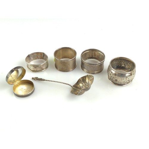 660 - Four silver napkin rings, sugar sifter and an enameled trinket box.