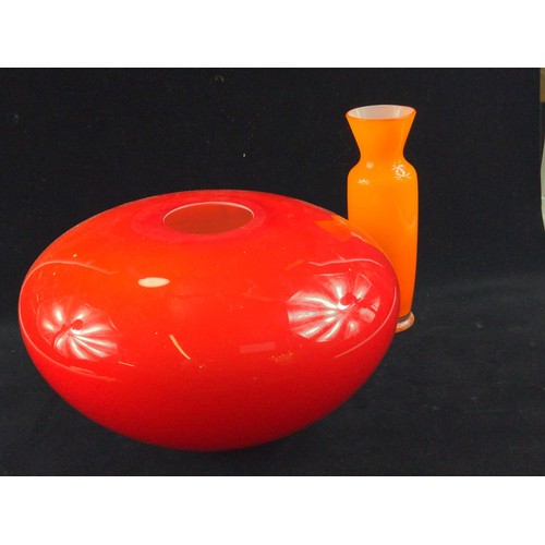 717 - Large red studio glass bowl plus bright orange vase.