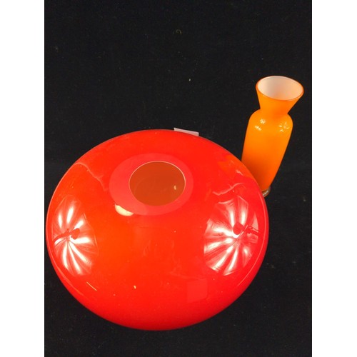 717 - Large red studio glass bowl plus bright orange vase.