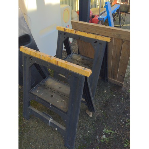 15 - 2x folding plastic trestle stands with home-made worktop piece