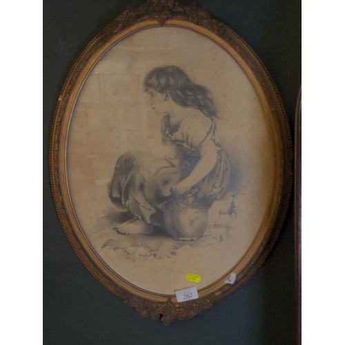 267 - Bessie Bennett- Pencil drawing of a girl in oval gilt frame. 57cm x 44cm overall.