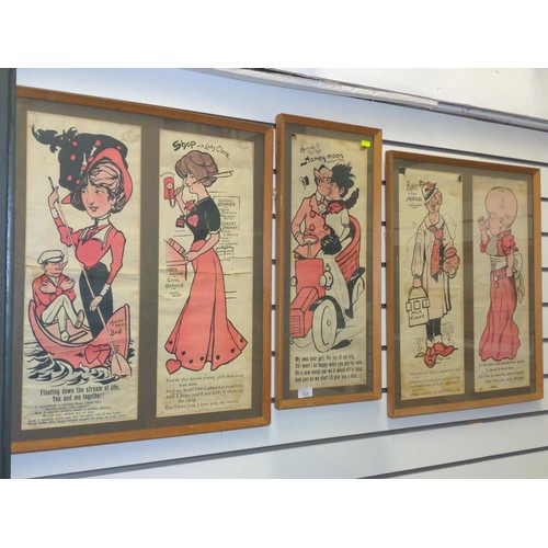 268 - Five printed caricatures over three frames, largest 52 x 64cm