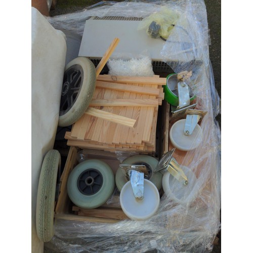 29 - Pallet of castor wheels, small timber sections, electric heater etc