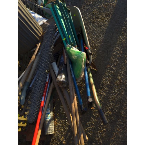 4 - Various long handled tools together with wheelbarrow & bin with lid