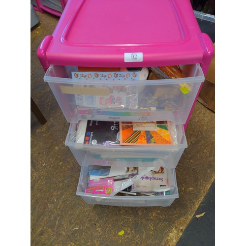 92 - 3 drawer unit with contents: Decoupage equipment, stamps, card etc.