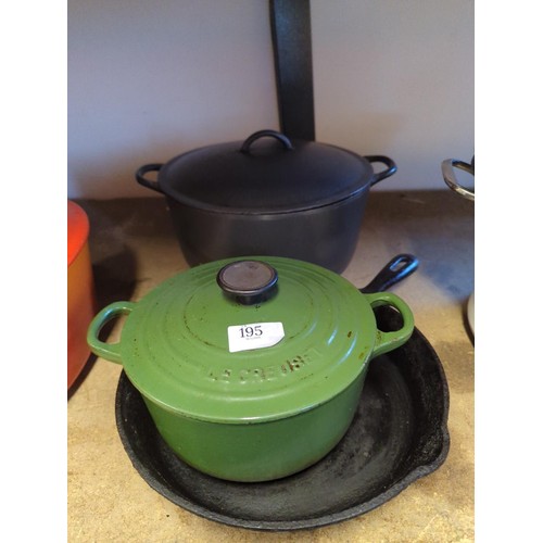 195 - Green Le Creuset lidded pan, Korean cast iron skillet together with Belgian cast iron casserole dish