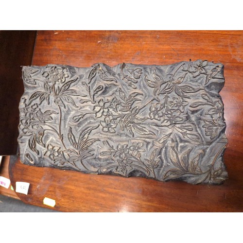 639 - Oak carved printing block, with metal embossed cutting shapes in organic style. Number to side 6916.... 