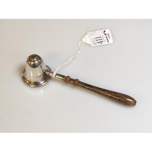 411 - Silver candle snuffer with turned wood handle, Harrison Brothers & Howson Ltd, Birmingham 1995, ... 