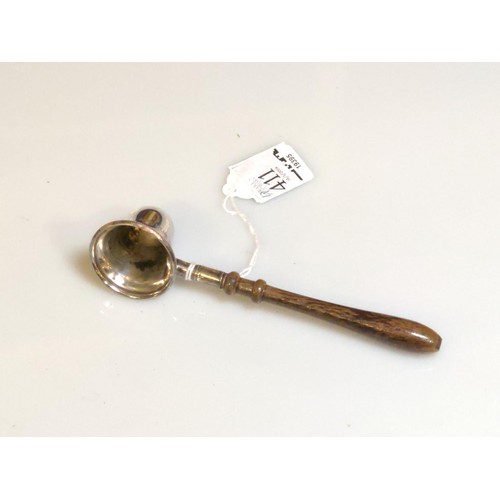 411 - Silver candle snuffer with turned wood handle, Harrison Brothers & Howson Ltd, Birmingham 1995, ... 