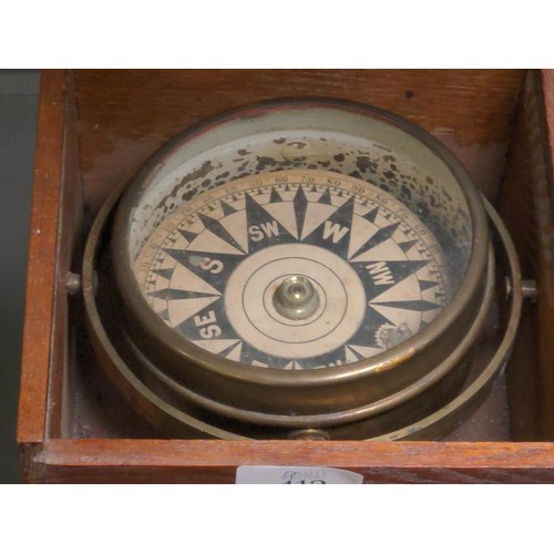 412 - Oak cased brass framed merchant/nautical gimbal compass, box 17.5cm wide