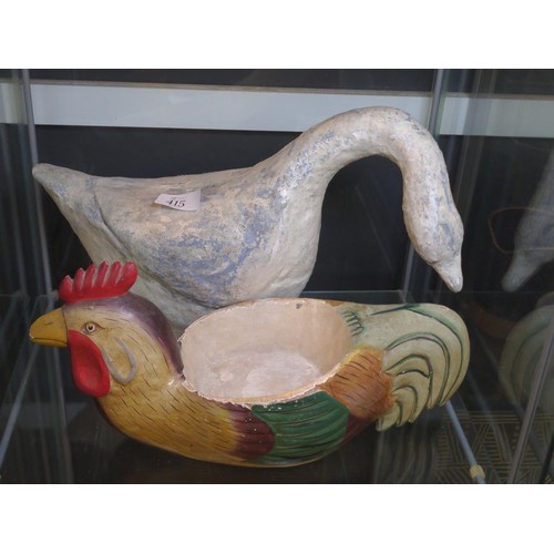 415 - Composition swan figure, height 24cm, and a painted wooden cockerel bowl