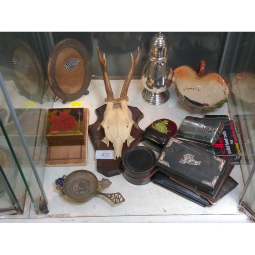 422 - Shelf of mixed items, including a hallmarked silver mounted ebony box, silver plate, wallets, skull ... 