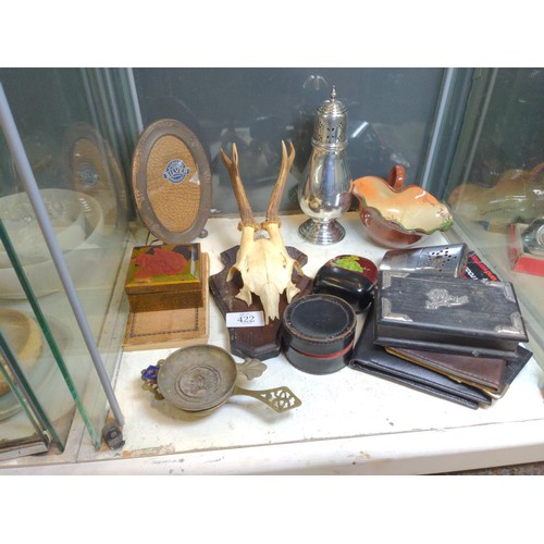 422 - Shelf of mixed items, including a hallmarked silver mounted ebony box, silver plate, wallets, skull ... 