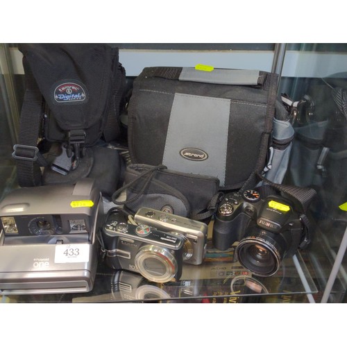 433 - Shelf of cameras inc, Polaroid 1, Fujifilm compact and bridge, Lumix, with case/bag