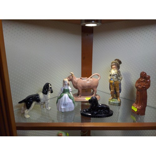 440 - Collection of ceramic ornaments inc. Royal Doulton 'Penny', cow creamer etc. and a black pressed gla... 