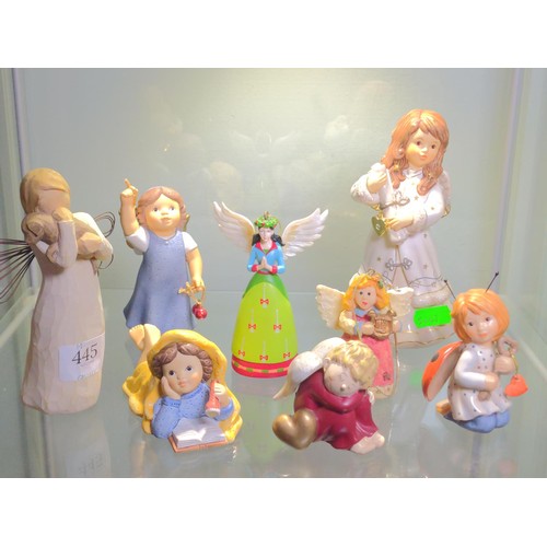 445 - Shelf of angel ornaments inc. 4 Goebel.