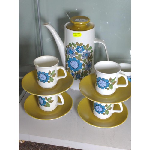 449 - J & G Meakin studio coffee set for four. No sugar bowl.