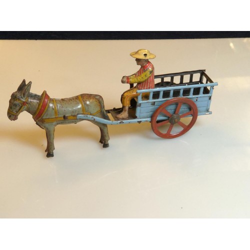 457E - Ges Gesch (Meier) tin penny toy, donkey with wagon.