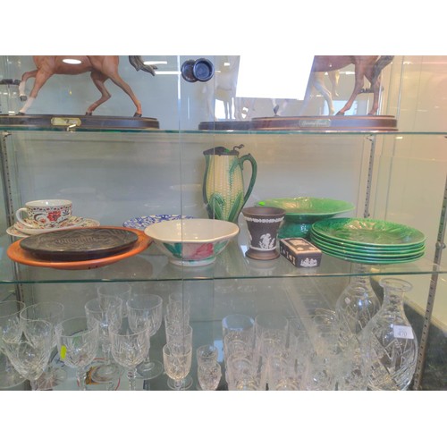 469 - Collection of assorted ceramics including, vine leaf plates. black Jasper Ware and Majolica pitcher ... 