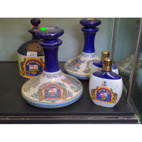 472 - Three British Navy Pussers Rum decanters and two (non Wade) ceramic hip flasks *no contents*