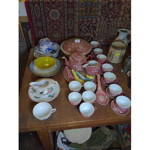 481 - Collection of mixed oriental ceramics, including matching tea set, plates, teapot and others, etc..,