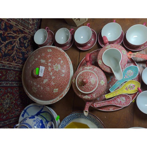 481 - Collection of mixed oriental ceramics, including matching tea set, plates, teapot and others, etc..,