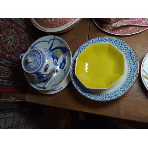 481 - Collection of mixed oriental ceramics, including matching tea set, plates, teapot and others, etc..,