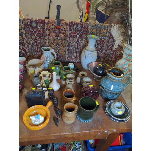 482 - Collection of mainly studio pottery items plus, glass and four hardwood graduated elephants. Marks t... 