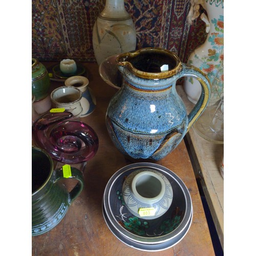 482 - Collection of mainly studio pottery items plus, glass and four hardwood graduated elephants. Marks t... 